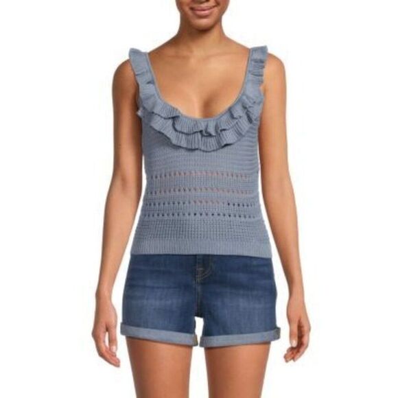 7 for All Mankind NWT Crochet Tank in Denim Blue Size L - Picture 2 of 6